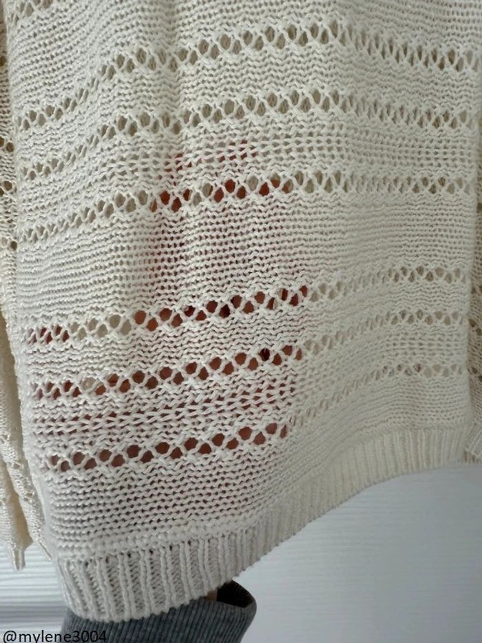 Pull d'hiver en maille et trous blanc crème uni basique simple col rond - photo numéro 3