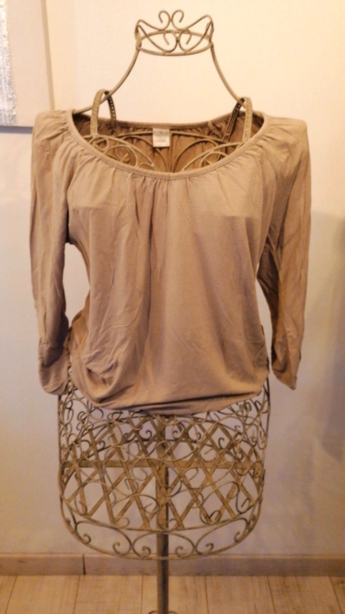 Haut beige manches 3/4 taille S Camaïeu