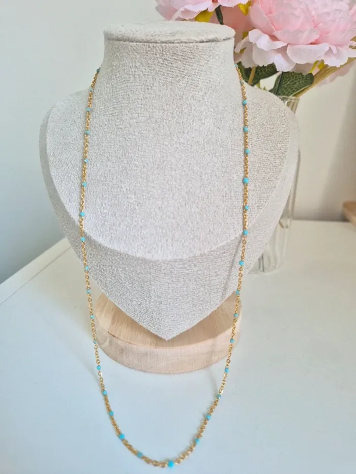 1 collier 50cm + 5 cm 🌸 en acier inoxydable perles résines bleu ciel - photo numéro 2