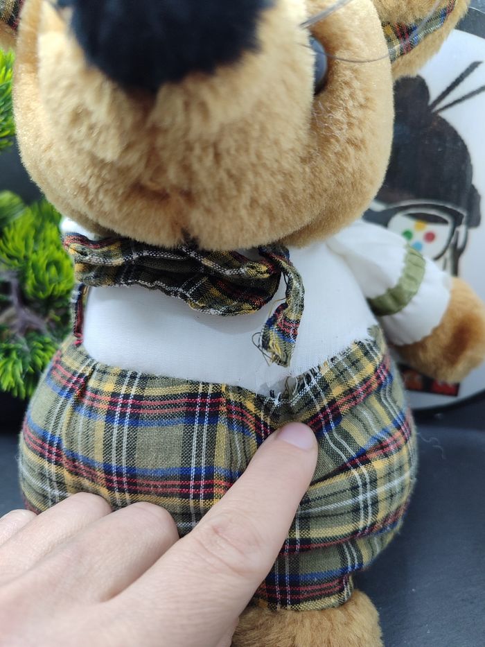 Peluche rat souris Cp colmar marron salopette béret blanc carreaux ancien boule - photo numéro 3