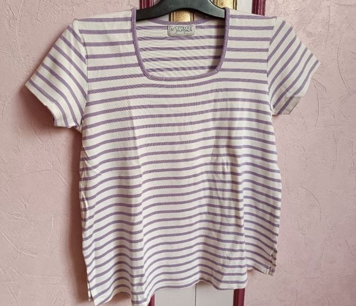 Tee-shirt " Stéréo Maman" rayé blanc  mauve - photo numéro 2