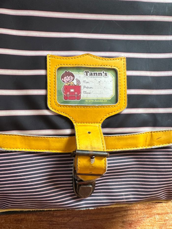 Grand cartable d’écolier vintage Tann’s édition limitée Petit Bateau bleu jaune rayé marin - photo numéro 2