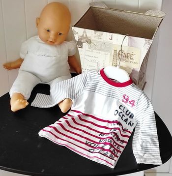 👶 T-shirt manches longues bébé garçon 6 mois – rayé écru/gris/rouge