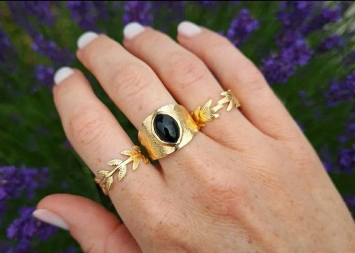 Grosse bague large mariage vintage plaqué or et agate noire taille 52 - photo numéro 2