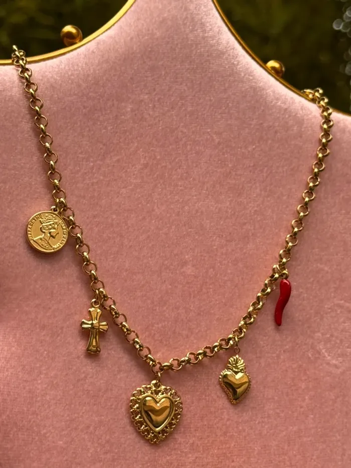 Collier chaîne épaisse acier inoxydable or breloques pièce croix ex-voto - photo numéro 2