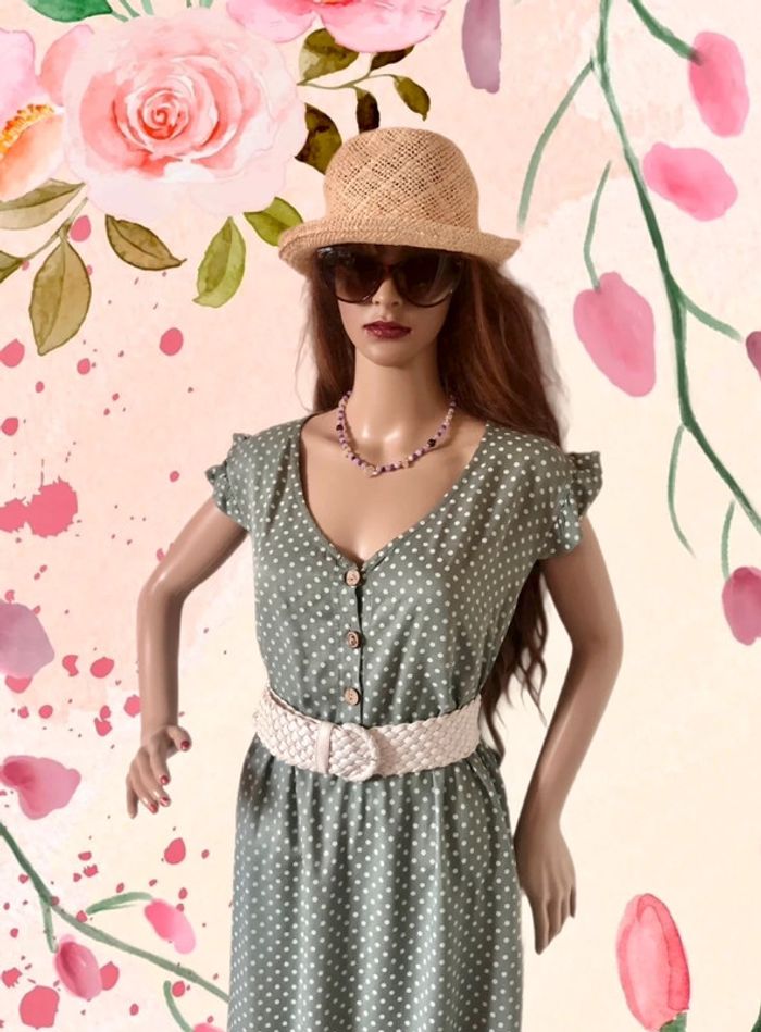 🩶Robe à pois d’été bohème champêtre gris tilleul🌿Linden gray white polka dots dress🩶 - photo numéro 3