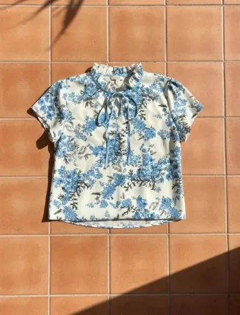 Blouse fleurie à nouer, manches courtes, taille S, chic bohème rétro été