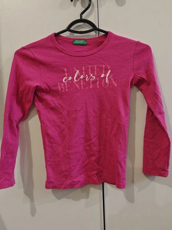 T-shirt manches longues Benetton rose 7-8 ans 👧 100% coton, logo imprimé
