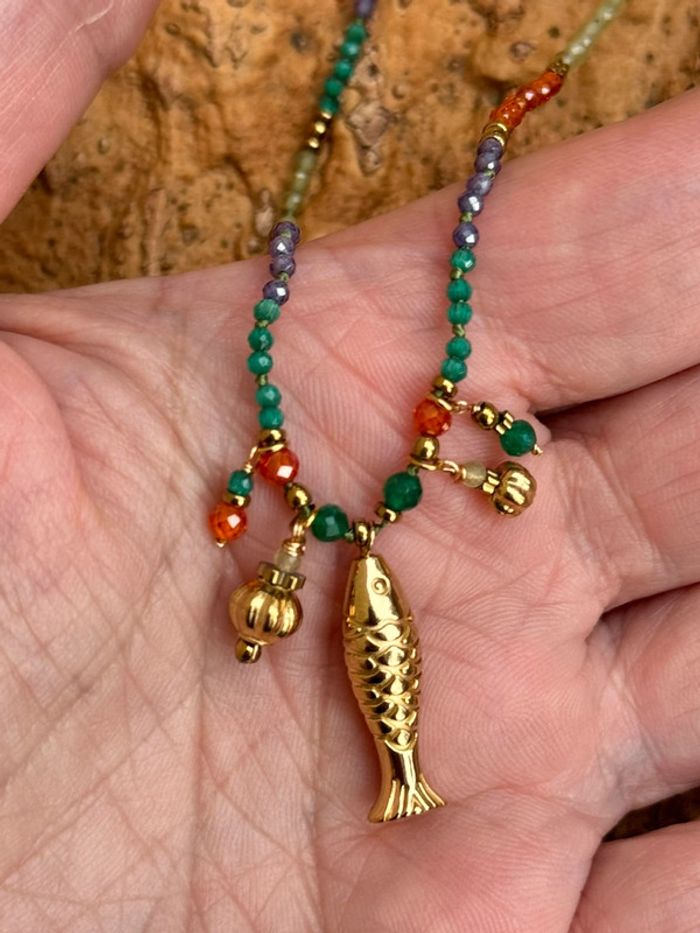 Collier réglable grigri poisson acier inoxydable or habaha paris perles naturelles multicolores - photo numéro 4