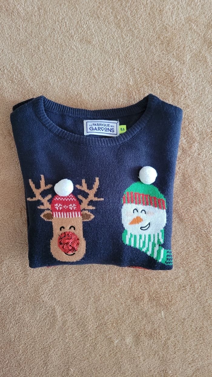 Pull de Noël 8 ans bleu marine dinosaure pompons et brillants - photo numéro 7