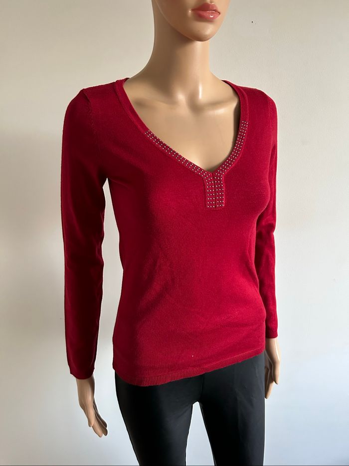 Pull rouge à manches longues avec strass Morgan taille XS TBE - photo numéro 2