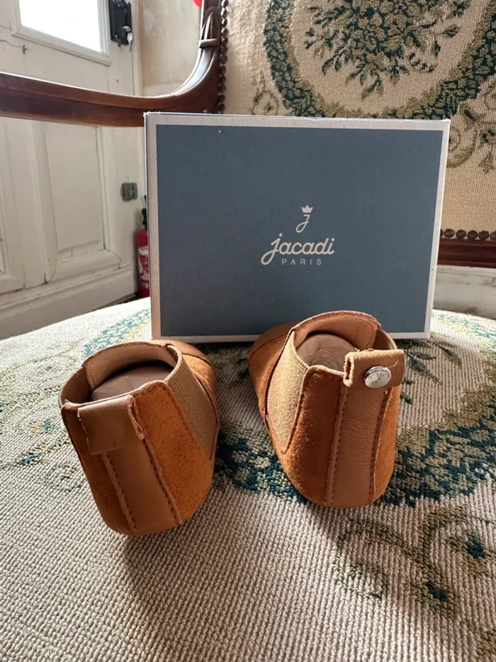 NEUF Jacadi chaussons pantoufles chaussures marron camel cuir 17 bébé François col naturel garçon - photo numéro 3