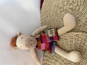 Doudou peluche cheval marron bleu jaune et rouge Hugo *La grande famille* moulin roty