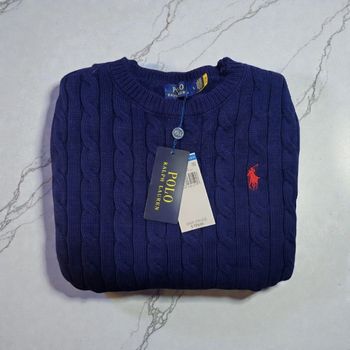 Pull torsadé col rond Polo Ralph Lauren bleu logo brodé rouge taille XL