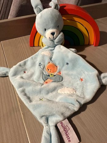Doudou peluche lapin bleu tee-shirt rayures Pommette