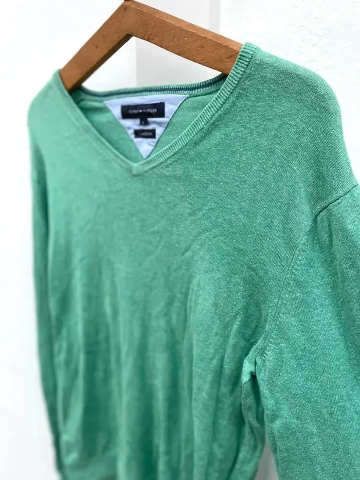 Tommy Hilfiger V-neck pullover lime green Mens L cotton and linen - photo numéro 2