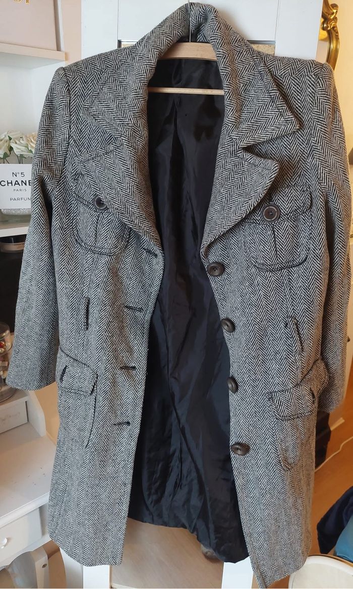 Manteau long vintage noir/gris à chevrons T40 BE 🧥 - photo numéro 2