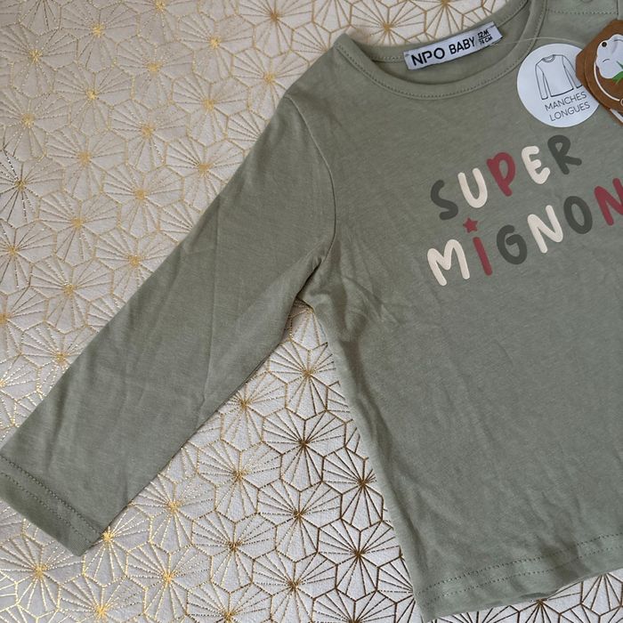 TEE shirt coton BIO  12mois manche longue « super mignon » Neuf NPO - photo numéro 2