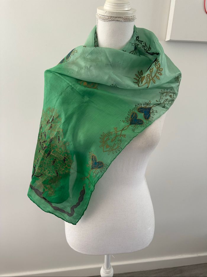 Foulard étole en soie verte et dorée Vintage 40x130cm - photo numéro 2