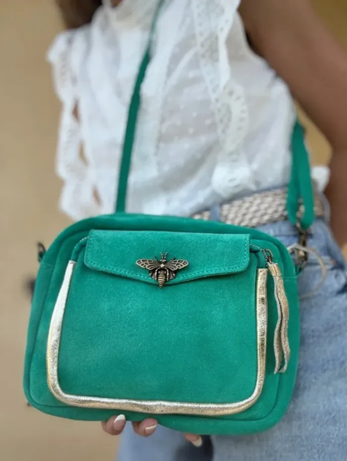 Sac cuir bandoulière vert avec fermeture abeille