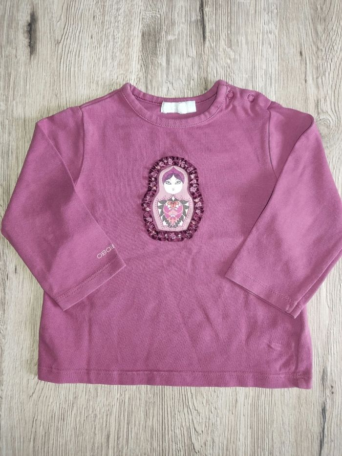 Pull fin manches longues violet motif poupée russe 12 mois Obaïbi