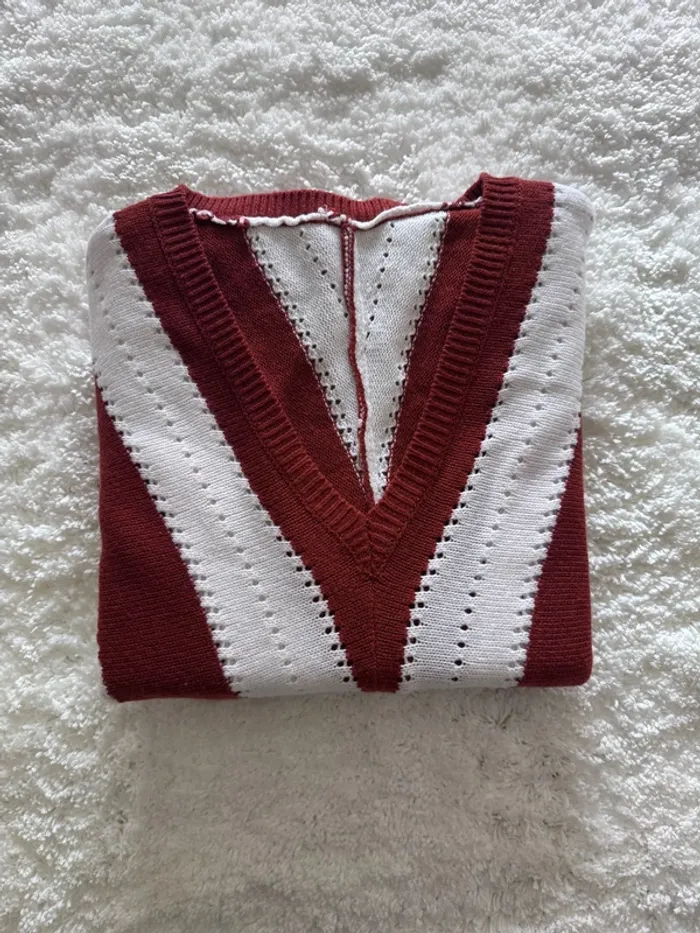 Pull rayé Marron et blanc – Taille XL – Style rétro chic