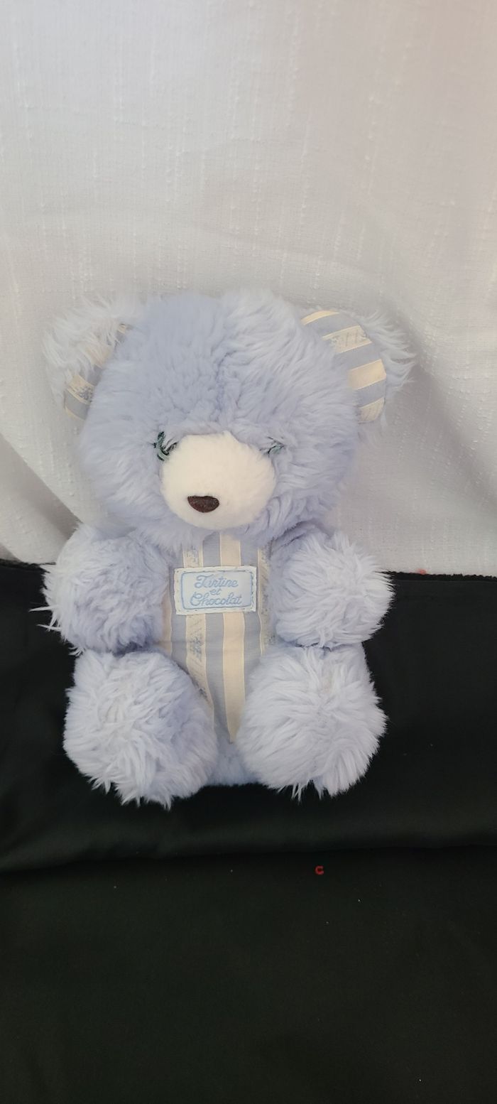Doudou Peluche Ours Bleu Blanc Tartine Et Chocolat 18cm Vintage Bruit Hochet - photo numéro 2