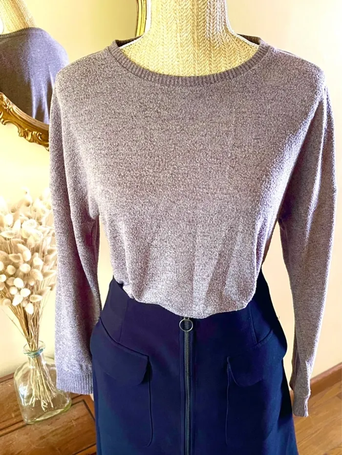 Pull fin gris col rond manches longues basique cosy - photo numéro 12
