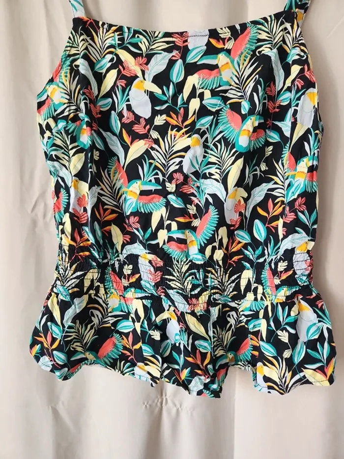 🌺Haut à bretelles noir motif tropical et coloré Cache Cache T36/S🌺 - photo numéro 2