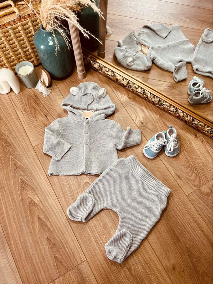 Taille 3 mois ensemble 2 pièces garçon ou mixte vertbaudet gris * maille * 💙