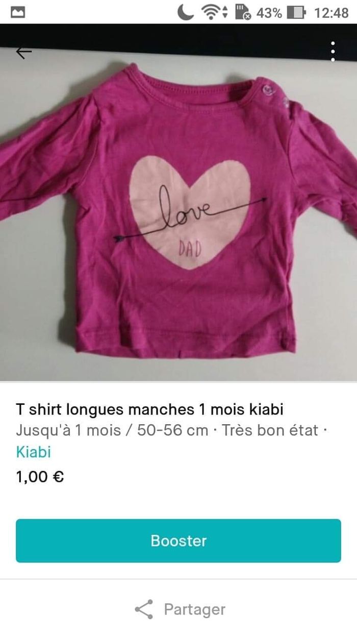 T shirt manches longues Kiabi 1 mois