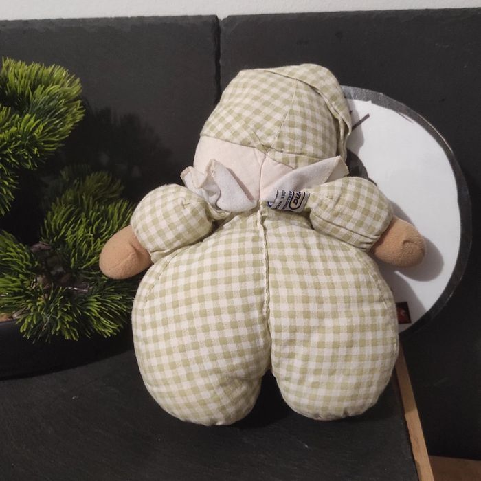 Doudou Poupee Ajena Chiffon Hochet Carreaux Vichy Vert  Marron Fille Lutin vintage #geektradedoudou - photo numéro 2