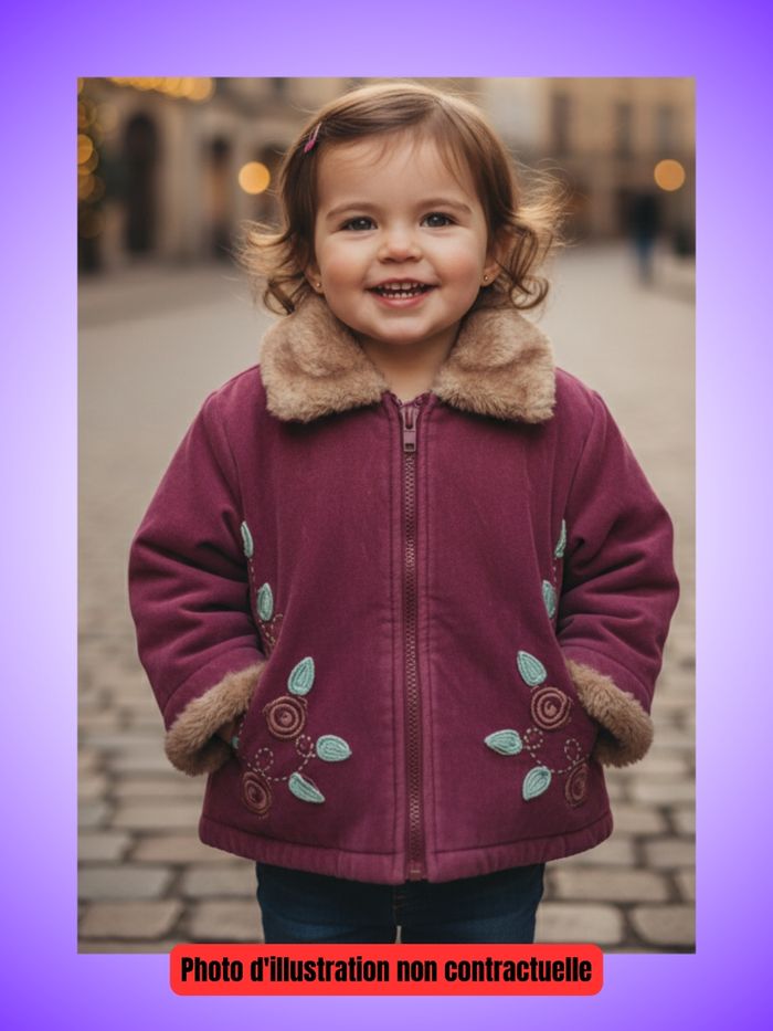 Manteau Bébé/Enfant Velours Côtelé Bordeaux Tom Kids – Col Fourrure & Broderies Florales – 12 mois, 74 cm – Très Bon État - photo numéro 5