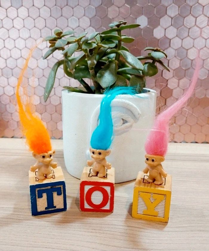 🌟trolls vintage Années 90 – neufs – lot de 3 Porte-Bonheur bleu, Rose, Orange