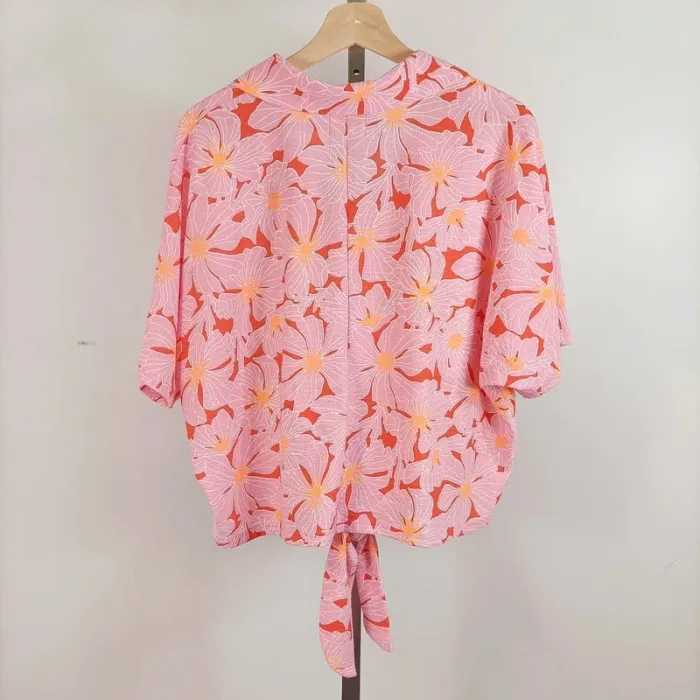Chemise fluide fleurie rose orange CMT Atelier, col V nouée devant, taille M A516 - photo numéro 7