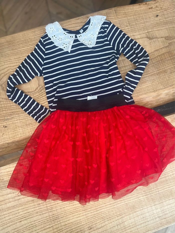 Ensemble 4 5 ans marinière col Claudine broderie jupe fille tulle princesse cœurs