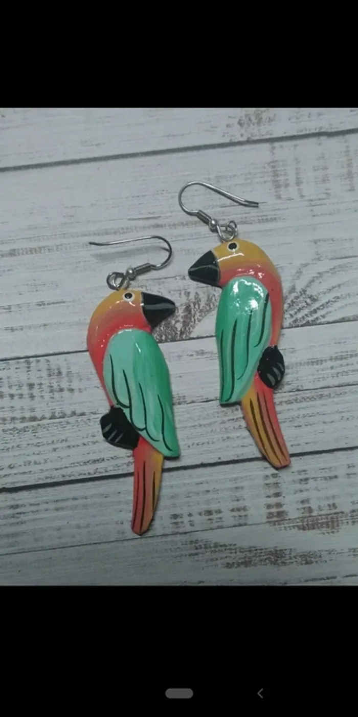 Boucles d'oreilles earrings tropical parrot exotic green bird wood bois
