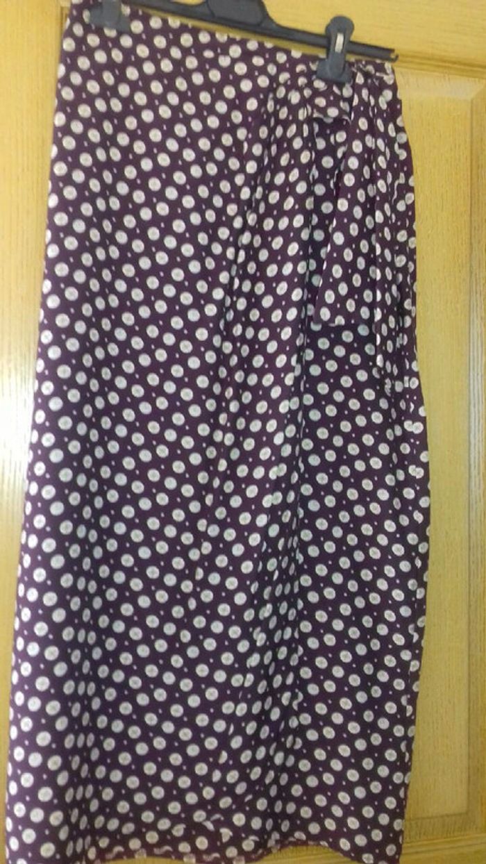 Jupe Vintage longue portefeuille bordeaux motifs beige taille 38
