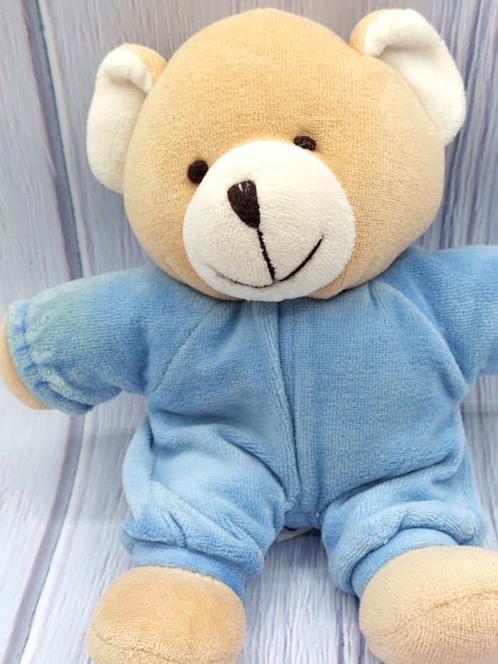 Peluche doudou ours beige bleu 21 cm billes corps - photo numéro 3