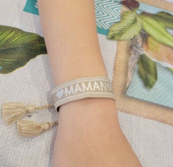 BRACELET BRODE MAMAN CORDELETTE POMPON NATUREL ! NEUF !