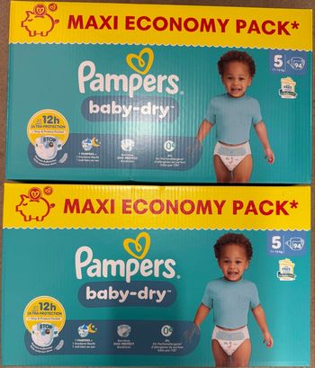 2 paquets de 94 couches Pampers Baby Dry Taille 5