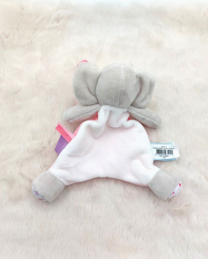 Doudou plat éléphant gris rose Eglantine BABY NAT’ BN0515 fleurs attache sucette - photo numéro 2