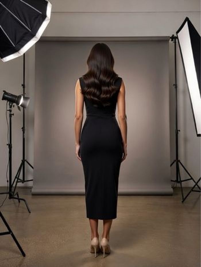 Robe noir fluide fendue pailleté subtilement - photo numéro 2