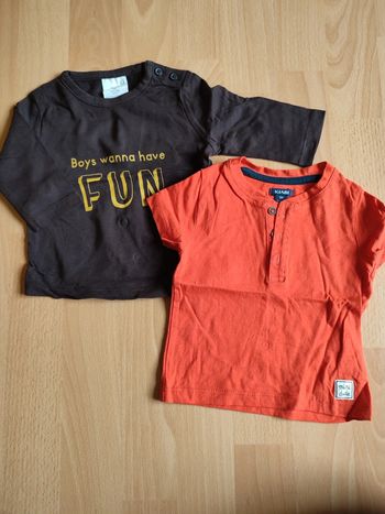 Lot 2 t-shirts manches courtes et longues orange col tunisien et marron neufs Kiabi en 3M