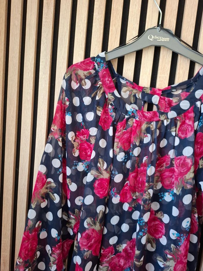 Haut blouse fluide fleurie bleu marine ,rose et blanc.T46 - photo numéro 6