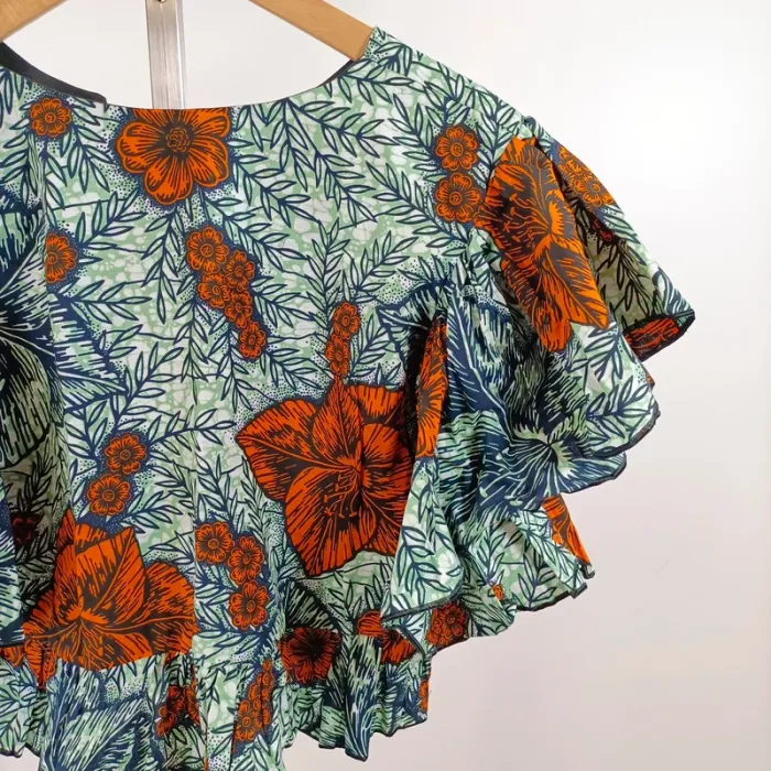 Top court volanté Wax imprimé fleuri tropical vert orange manches courtes A1458 - photo numéro 7