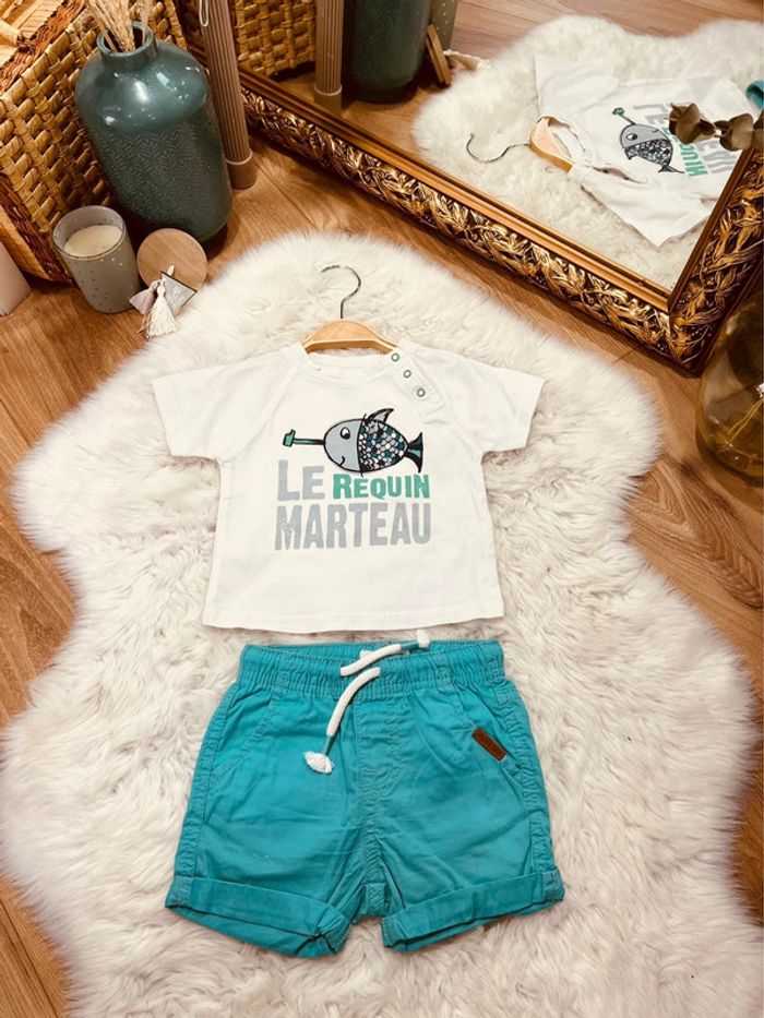 Taille 9 mois ensemble 2 pièces garçon TAO Gemo Blanc et turquoise * poisson * 💙