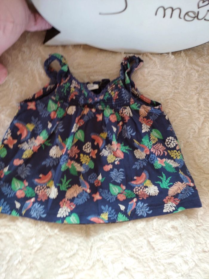 Tee shirt chemise sans manche à bretelles Fille 9 mois Jungle Perroquet Tao 100% coton - photo numéro 2