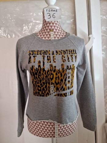 Sweat-shirt, gris à motif panthère, en coton&acrylique, en très très bon état, longueur 48cm,marque
