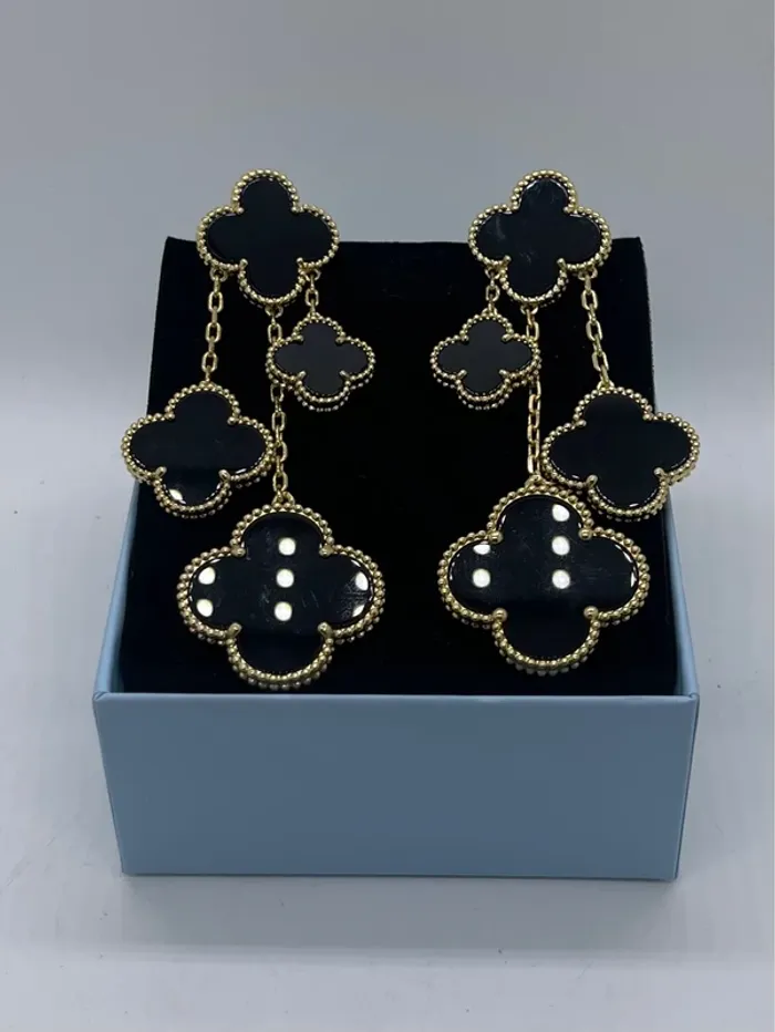 Boucles d’oreilles pendantes trèfles onyx nori - photo numéro 2